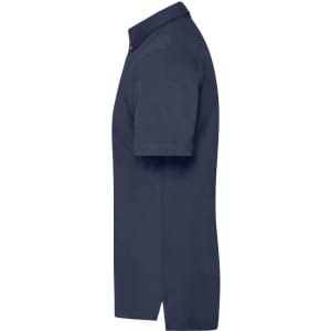 A navy blue men's traditional polo shirt with a classic collar and short sleeves, featuring a logo.