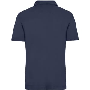 A navy blue men's traditional polo shirt with a classic collar and short sleeves. The shirt features a logo.