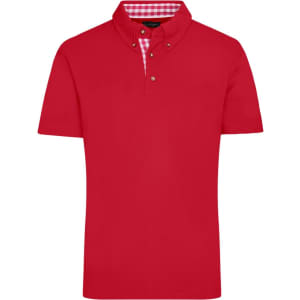 A red men's traditional polo shirt with a checkered collar and a small logo.
