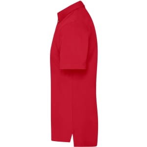 A red men's polo shirt displayed from the side, featuring short sleeves and a collar. It has a logo on the chest.