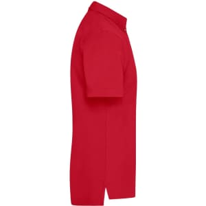 A red men's traditional polo shirt featuring a collar and short sleeves, with a logo on the chest.