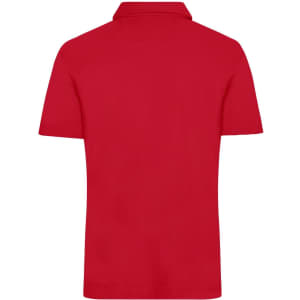 A red men's traditional polo shirt with a classic collar and short sleeves, featuring a logo on the chest.
