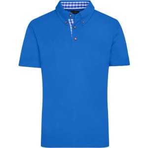 A blue men's traditional polo shirt with a checkered inner collar and subtle branding.