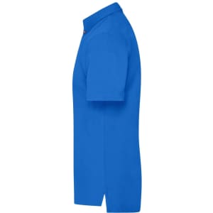 A blue men's traditional polo shirt with a classic collar and short sleeves, featuring a logo on the chest.
