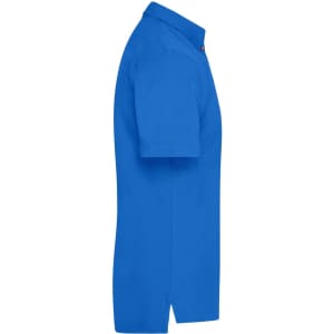 A blue men's traditional polo shirt featuring a collar, short sleeves, and a side split. It has a logo.