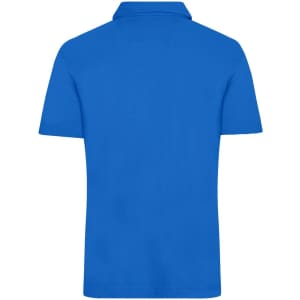 A blue traditional polo shirt featuring a collar and short sleeves, with a logo on the front.