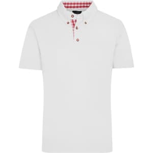 A white men's traditional polo shirt with a red checkered inner collar and a logo.