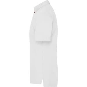 A white men’s traditional polo shirt with short sleeves and a collar, featuring a logo on the chest.