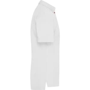 A white men's traditional polo shirt features short sleeves and a collar, with a logo on the chest.