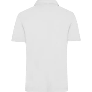 A plain white men's traditional polo shirt featuring a classic collar and short sleeves. It has a logo on the chest.