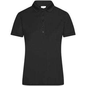 A black ladies' active polo shirt featuring a classic collar and button front. It includes a logo.