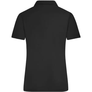A black ladies active polo shirt featuring a collar and short sleeves, with a logo on the back.