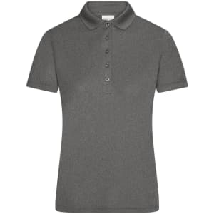 A grey ladies active polo shirt with a collar and five buttons, featuring a logo on the chest.