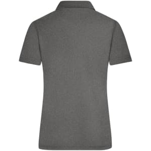 A grey ladies active polo shirt with a classic collar and short sleeves, featuring a logo on the back.