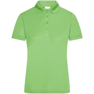 A green ladies active polo shirt with short sleeves and a classic collar, featuring a button-up front and a logo.
