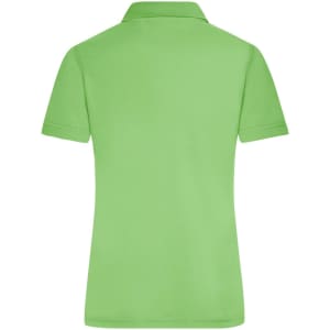A ladies polo shirt in bright green, featuring a collar and short sleeves. It has a logo on the back.