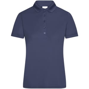 A ladies' active polo in navy blue with a collared neckline and button detailing. Features standard polo shirt design.