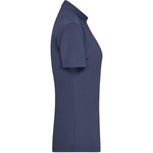 A navy blue ladies active polo shirt featuring a classic collar and short sleeves. It has a logo on the front.