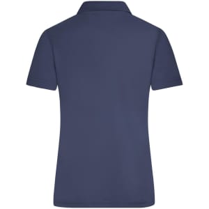 A navy blue ladies' active polo shirt with a classic collar and short sleeves, featuring a logo.