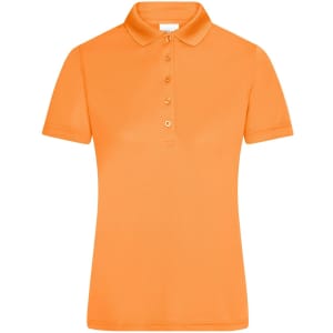 An orange ladies' active polo shirt featuring a classic collar and a button placket, with one logo.