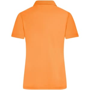 An orange ladies active polo shirt with a classic polo collar and short sleeves. Features a branding logo.