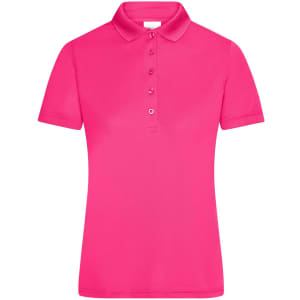A ladies' active polo shirt in vibrant pink with a classic collared design and a button placket.
