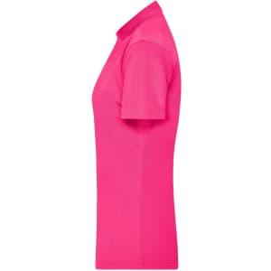 A pink ladies' active polo shirt with short sleeves, featuring a subtle logo on the side.