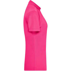 A pink ladies active polo shirt presented in a side view. The shirt features a collar and short sleeves.