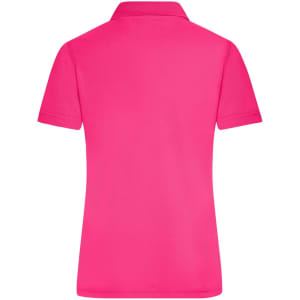 A pink ladies' active polo shirt with a classic collar and short sleeves, featuring a logo.