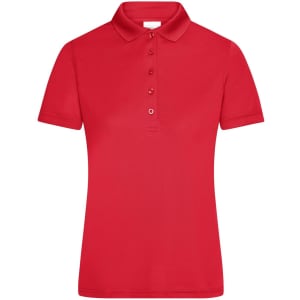 A red ladies' active polo shirt featuring a collar and button placket. The shirt has a logo on it.