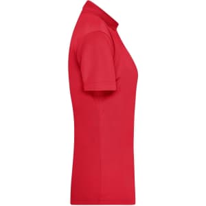 A red ladies' polo shirt with a classic collar and short sleeves, featuring a logo on the front.