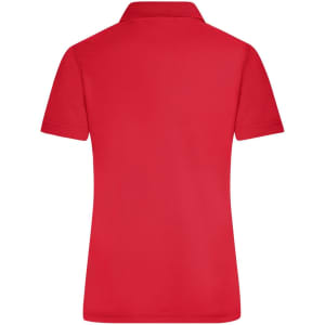 A red active polo shirt featuring a collar and short sleeves, with a logo on the back.