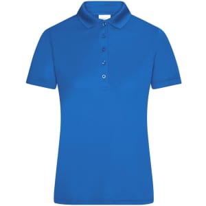 A blue ladies' polo shirt featuring a collar and button-up placket, with a logo on it.
