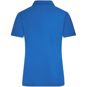 A blue ladies active polo shirt featuring a classic collar and short sleeves, with a logo on the back.