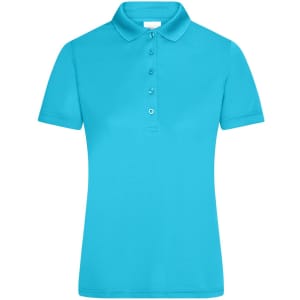 A turquoise ladies' active polo shirt with a collar and buttons, featuring a logo on the front.