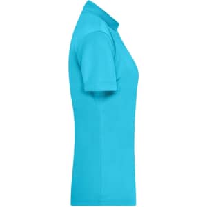 A turquoise ladies active polo shirt with a classic collar and short sleeves, featuring a logo.