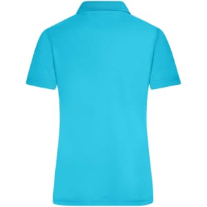 A bright aqua blue polo shirt with a collar, featuring a logo on the back. Perfect for active wear.