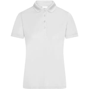 A ladies' active polo shirt in white, featuring a classic collar and button placket, with a logo on the chest.