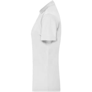 A white ladies active polo shirt featuring a collar and short sleeves, with a logo displayed on the garment.