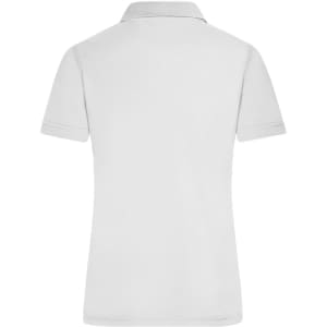 A white ladies' active polo shirt, featuring a classic polo collar and short sleeves, with a logo on the back.