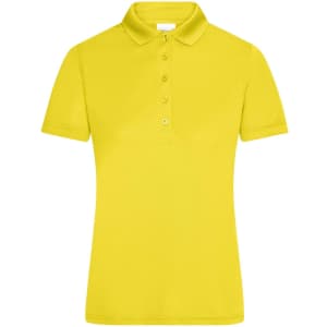 A yellow ladies' active polo shirt with a classic collar and button placket. It features a brand logo.