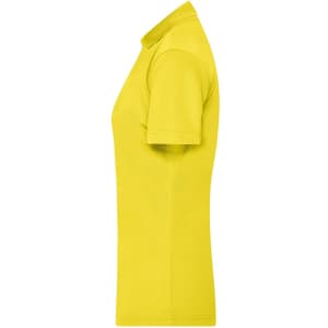 A yellow ladies' active polo shirt featuring a sleek, short-sleeved design and a side view silhouette.