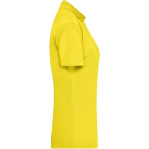 A yellow polo shirt for women, featured in a side view with a smooth finish and short sleeves.