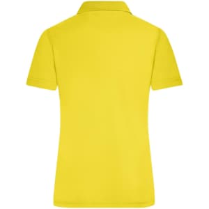 A bright yellow ladies active polo shirt with a collar and short sleeves, featuring a logo on the front.