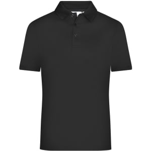 A black men's active polo shirt featuring a classic collar and three-button placket; includes a logo.