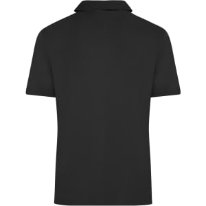 A black men's active polo shirt featuring a classic collar and a logo on the back.