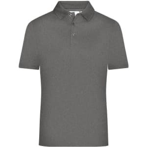 A men's active polo shirt in a dark grey colour with a collar and short sleeves, featuring a logo on the chest.