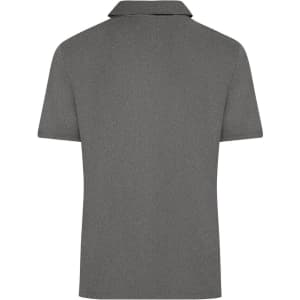 A grey polo shirt with short sleeves and a collar, featuring a logo on the side.