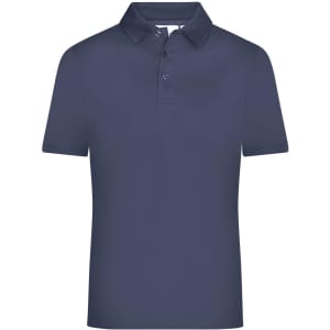 A navy blue men's polo shirt with a collar, short sleeves, and a single button placket. It features a logo.