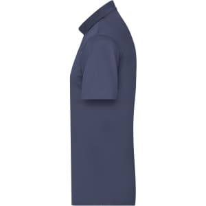 A navy blue men's active polo shirt with a classic collar and short sleeves, featuring a logo.